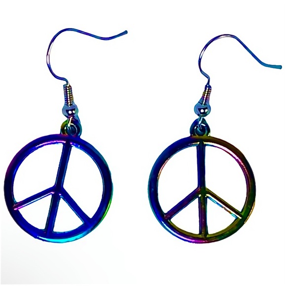 Peace sign iridescent rainbow shiny dangly earrings NEW - Picture 1 of 6